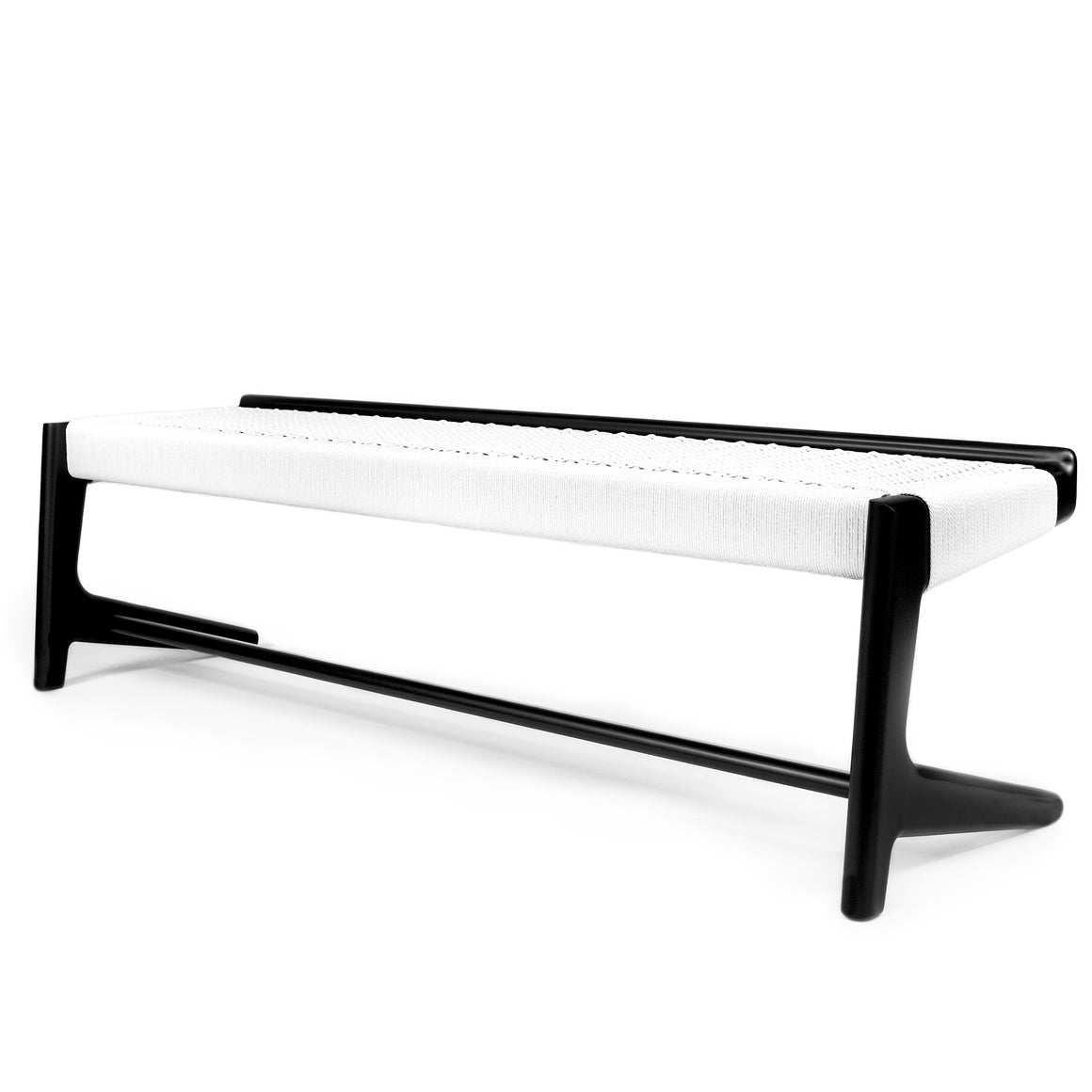 Cantilever Long Bench, Black Ebonized Wood, Woven White Danish Cord, Entryway, Bedroom, Custom